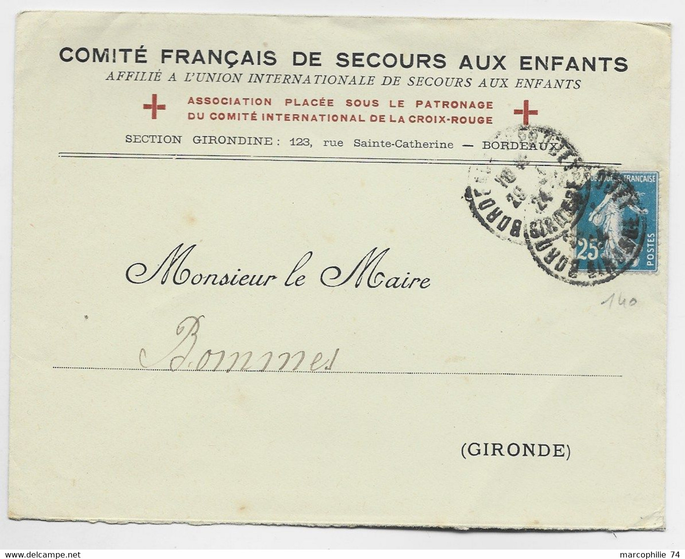 FRANCE N° 140 DEF LETTRE ENTETE COMITE FRANCAIS DE SECOURS AUX ENFANTS BORDEAUX 1924 GIRONDE - Rode Kruis
