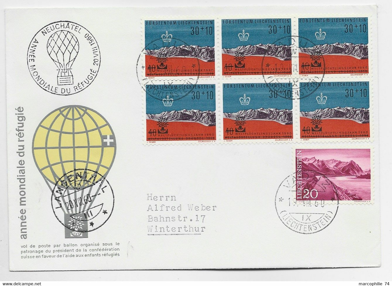 LIECHTENSTEIN 30C BLOC DE 6 +20C LETTRE COVER BRIEF VADUZ BALLON ANNEE MONDIALE DU REFUGIE TO SUISSE - Briefe U. Dokumente