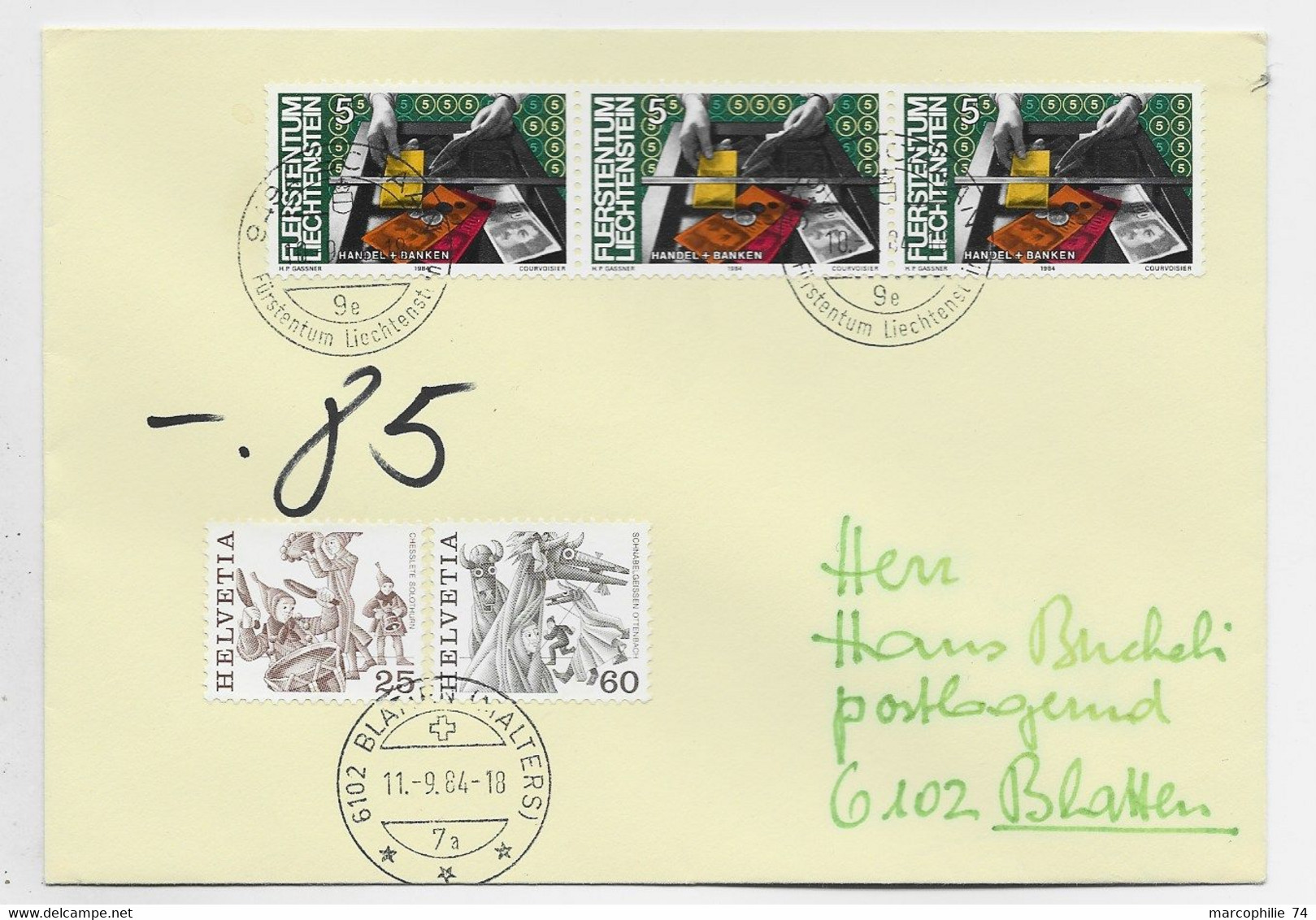 LIECHTENSTEIN 5C BANDE DE 3 LETTRE COVER BRIEF CHAAN 10.9.1984  TO SUISSE TAXE 25C+60C BLATTEN - Cartas & Documentos