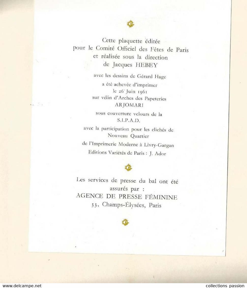 programme (velin d'Arches),BAL DES DEBUTANTES,Palais de VERSAILLES, 1961, invitation, carnet de bal, frais fr R3: 20 e