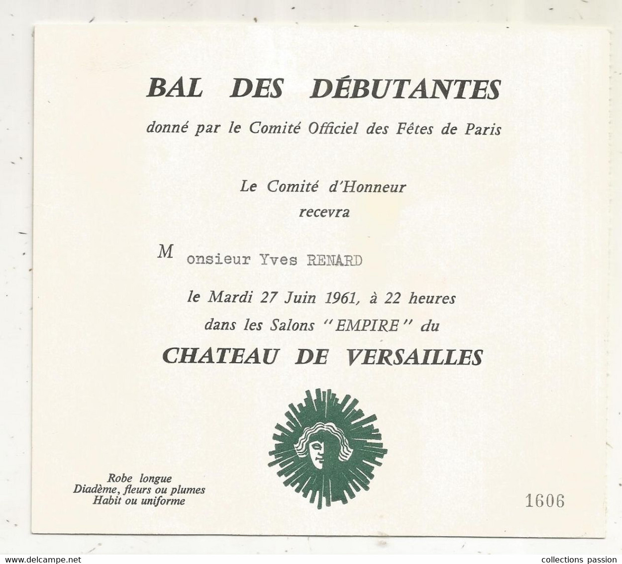 programme (velin d'Arches),BAL DES DEBUTANTES,Palais de VERSAILLES, 1961, invitation, carnet de bal, frais fr R3: 20 e