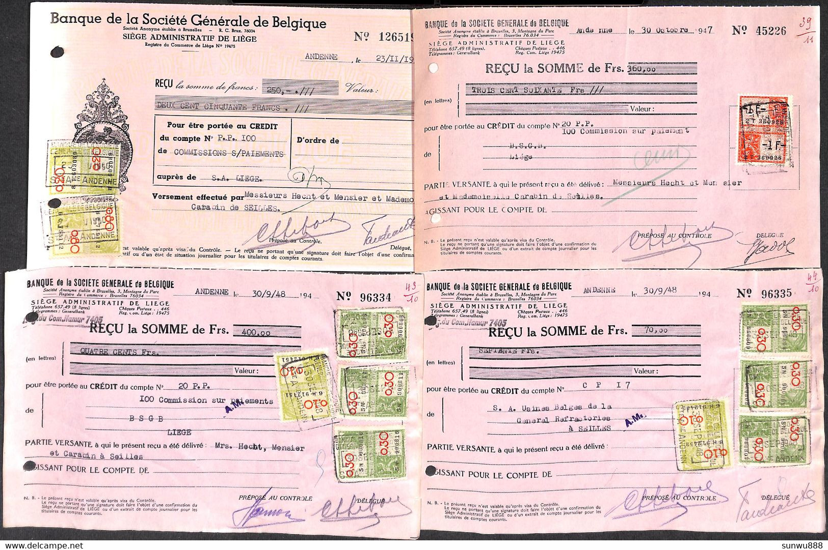 Lot 61 Documents Quittance Andenne Seilles Banque Société Générale 1943-1952 - Documents