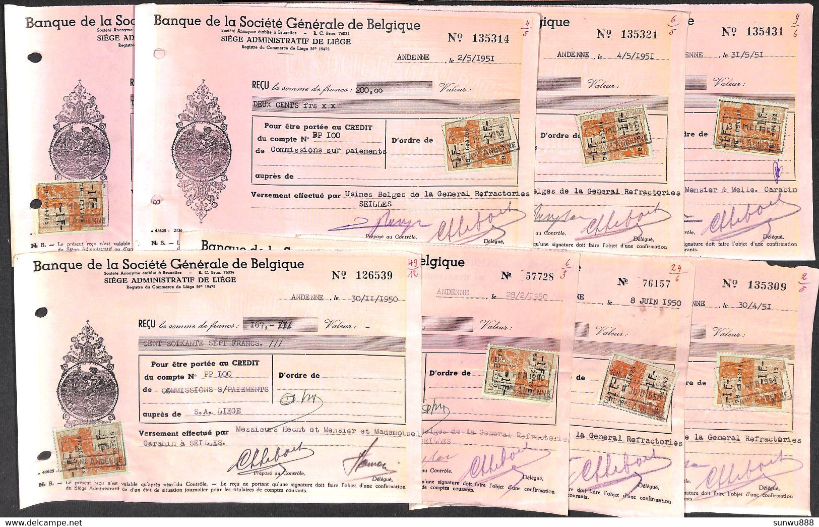Lot 61 Documents Quittance Andenne Seilles Banque Société Générale 1943-1952 - Documents
