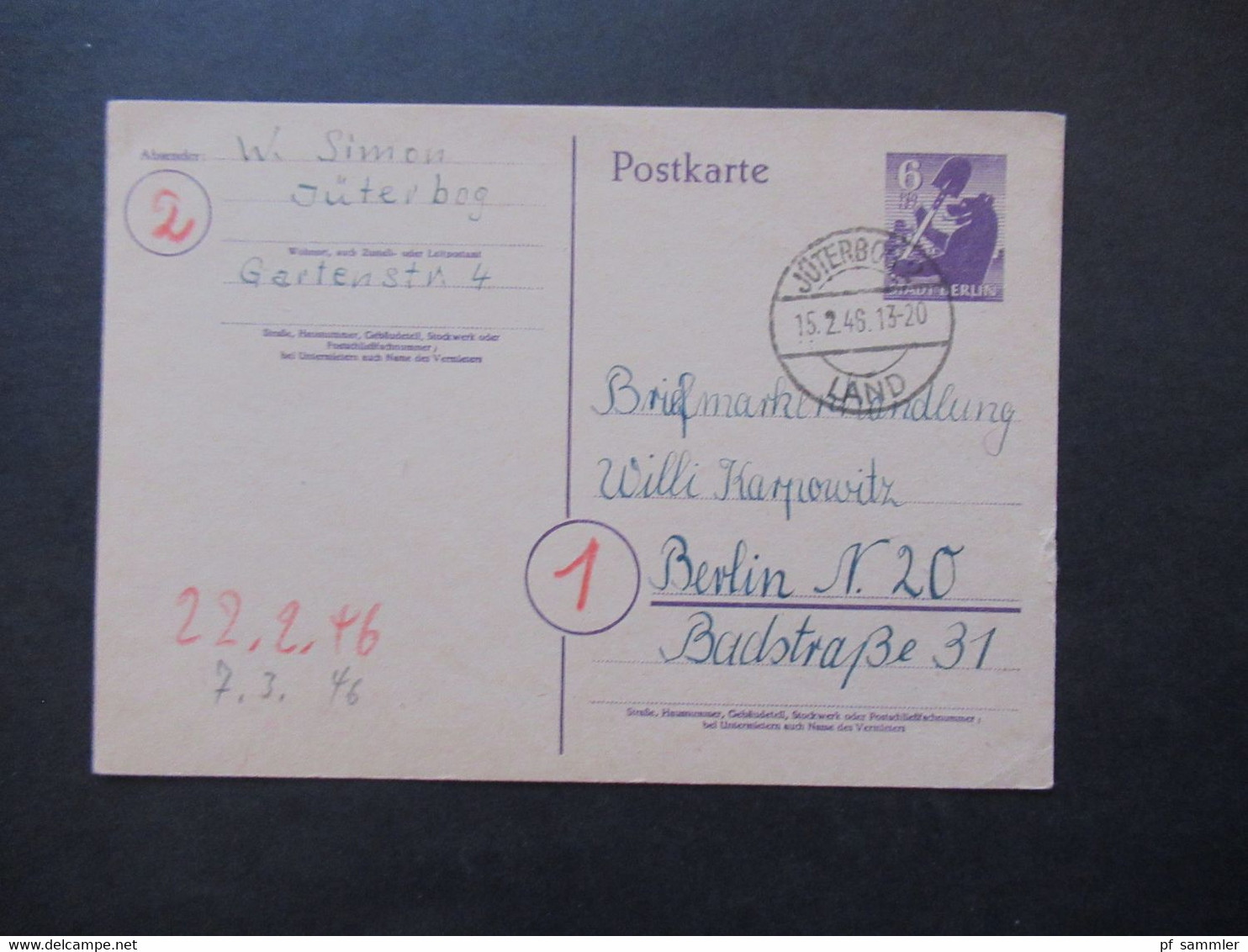 15.2.1946 SBZ Berlin / Berliner Bär Ganzsache P4 Stempel Jüterbog Land Nach Berlin N20 Markenhandlung Willi Karpowitz - Andere & Zonder Classificatie