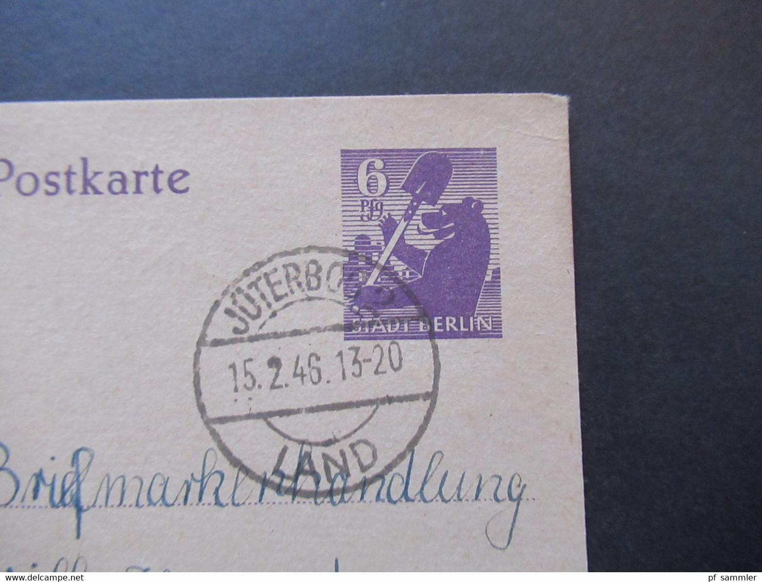 15.2.1946 SBZ Berlin / Berliner Bär Ganzsache P4 Stempel Jüterbog Land Nach Berlin N20 Markenhandlung Willi Karpowitz - Andere & Zonder Classificatie