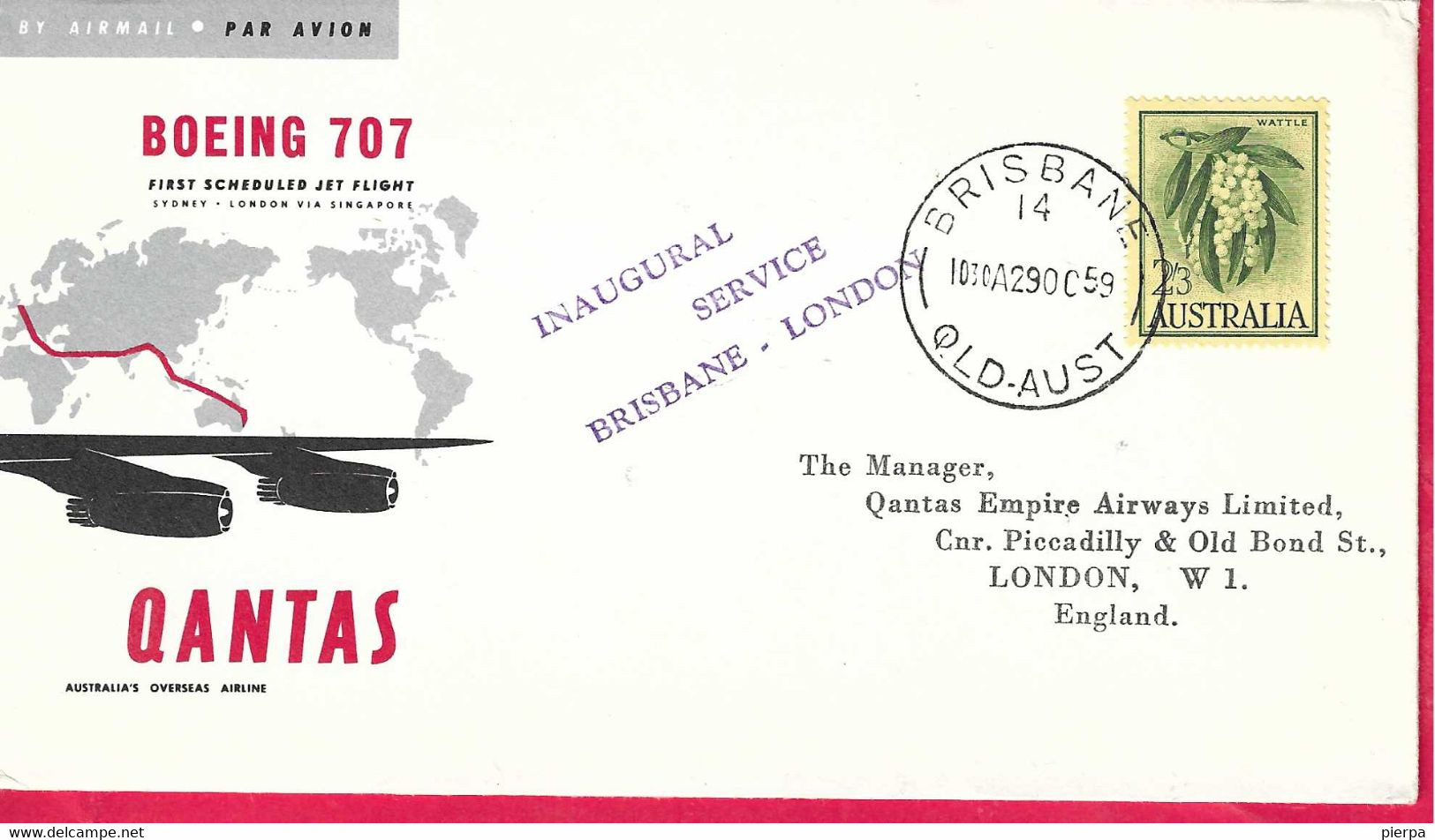 AUSTRALIA - INAUGURAL SERVICE BRISBANE/LONDON * 29.OC.59* SU BUSTA QANTAS - Premiers Vols