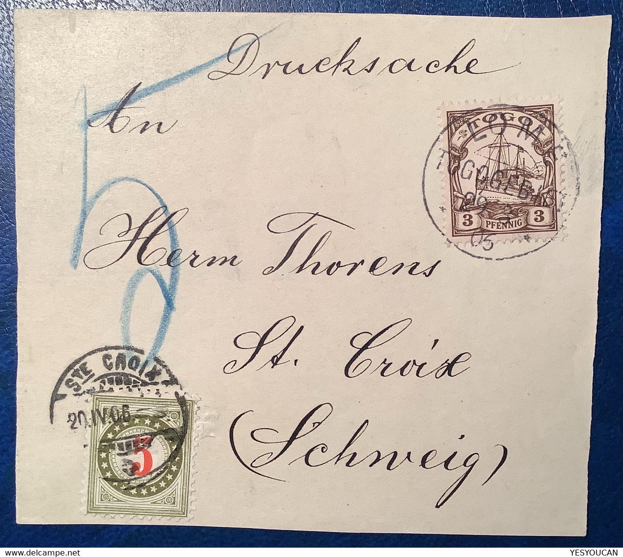 LOME TOGO1906 3 Pf DRUCKSACHE(Vds)>Sainte Croix VD Schweiz Portomarke 5 Rp(Suisse Timbre Taxe Brief Postage Due Kolonien - Togo