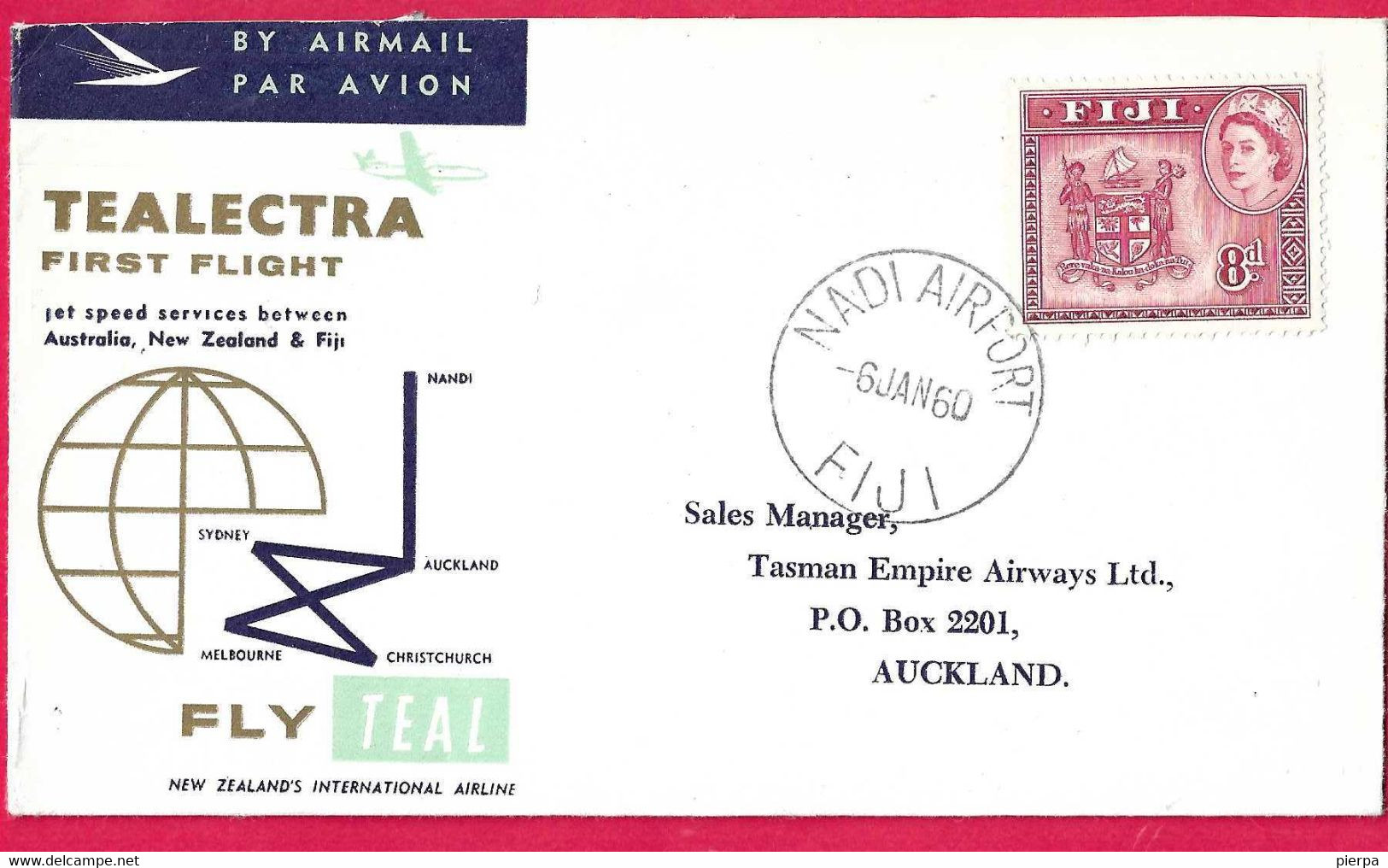 AUSTRALIA - FIRST FLIGHT TEALECTRA FROM NADI AIRPORT (FIJI) TO AUCKLAND * 6.JAN.60* ON OFFICIAL ENVELOPE - Premiers Vols