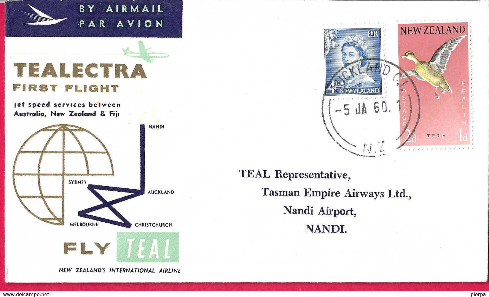 AUSTRALIA - FIRST FLIGHT TEALECTRA AUCKLAND TO NADI AIRPORT (FIJI) * 5.JAN.60* ON OFFICIAL ENVELOPE - First Flight Covers