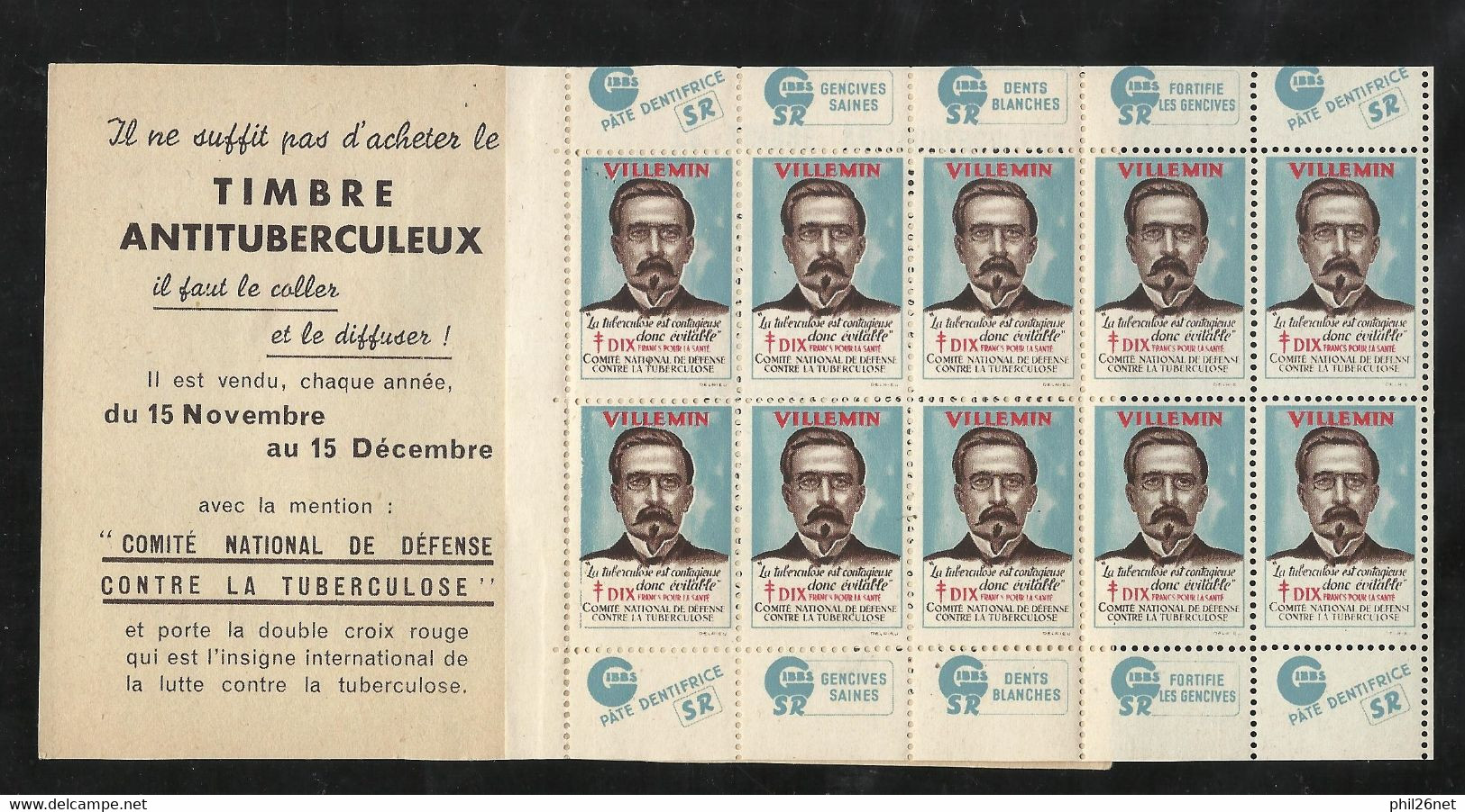 Carnet Antituberculeux 1951 Villemin Complet 10 Vignettes Avec Pub. Dentifrice SR Neufs * * B/TB  Voir Scans Soldé ! ! ! - Antituberculeux