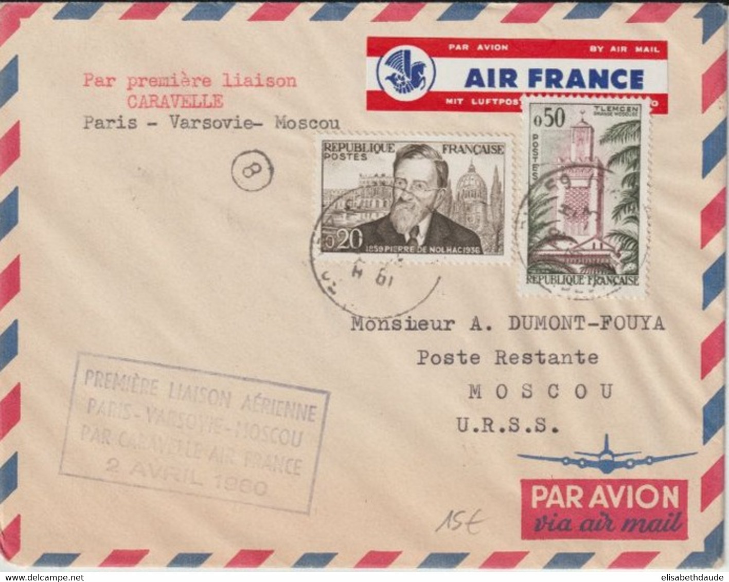 1960 - ENVELOPPE 1° LIAISON AERIENNE Par CARAVELLE AIR FRANCE (ETIQUETTE !)  PARIS - VARSOVIE (POLOGNE) - MOSCOU (URSS) - Eerste Vluchten