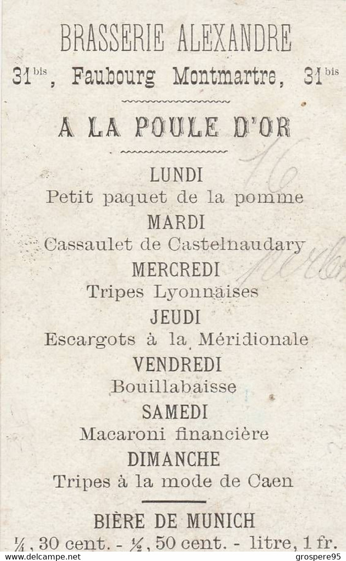 BRASSERIE ALEXANDRE 31 Bis Faubourg Montmartre PARIS  A LA POULE D'OR  VERSO VUE LUCHON PRIS DE CAZAR - Menükarten