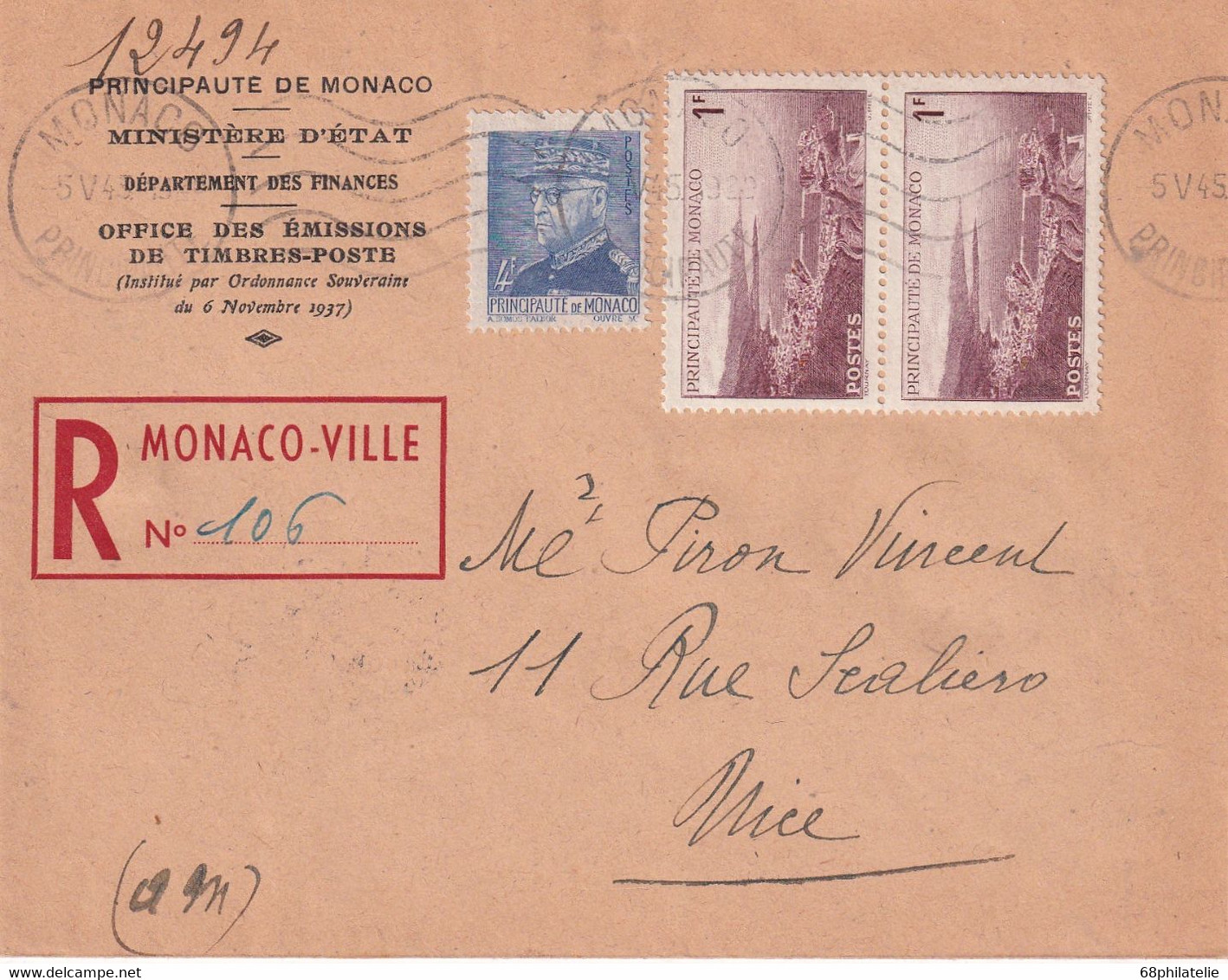 MONACO LETTRE RECOMMANDEE 1945 - Covers & Documents