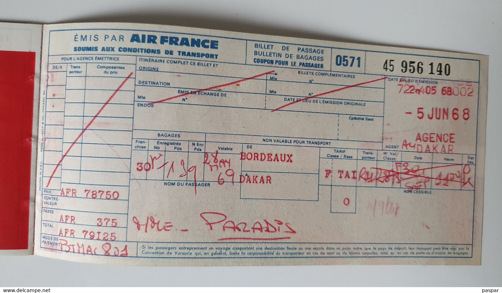 Billet D'avion Air France - Bordeaux Dakar 1968 - Billet De Passage Et Bulletin De Bagages - Billetes