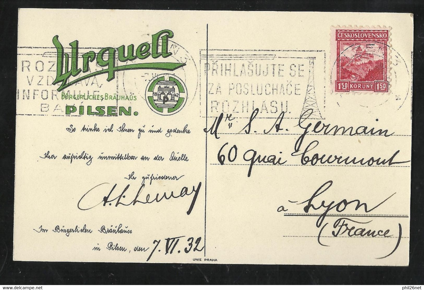 Carte Humoristique  Bière Urquell  (Pilsen)se Boit Cul Sec De Plzen 7/6/1932 à Lyon N° 207 +  TB Voir  Scans Soldé ! ! ! - Beers