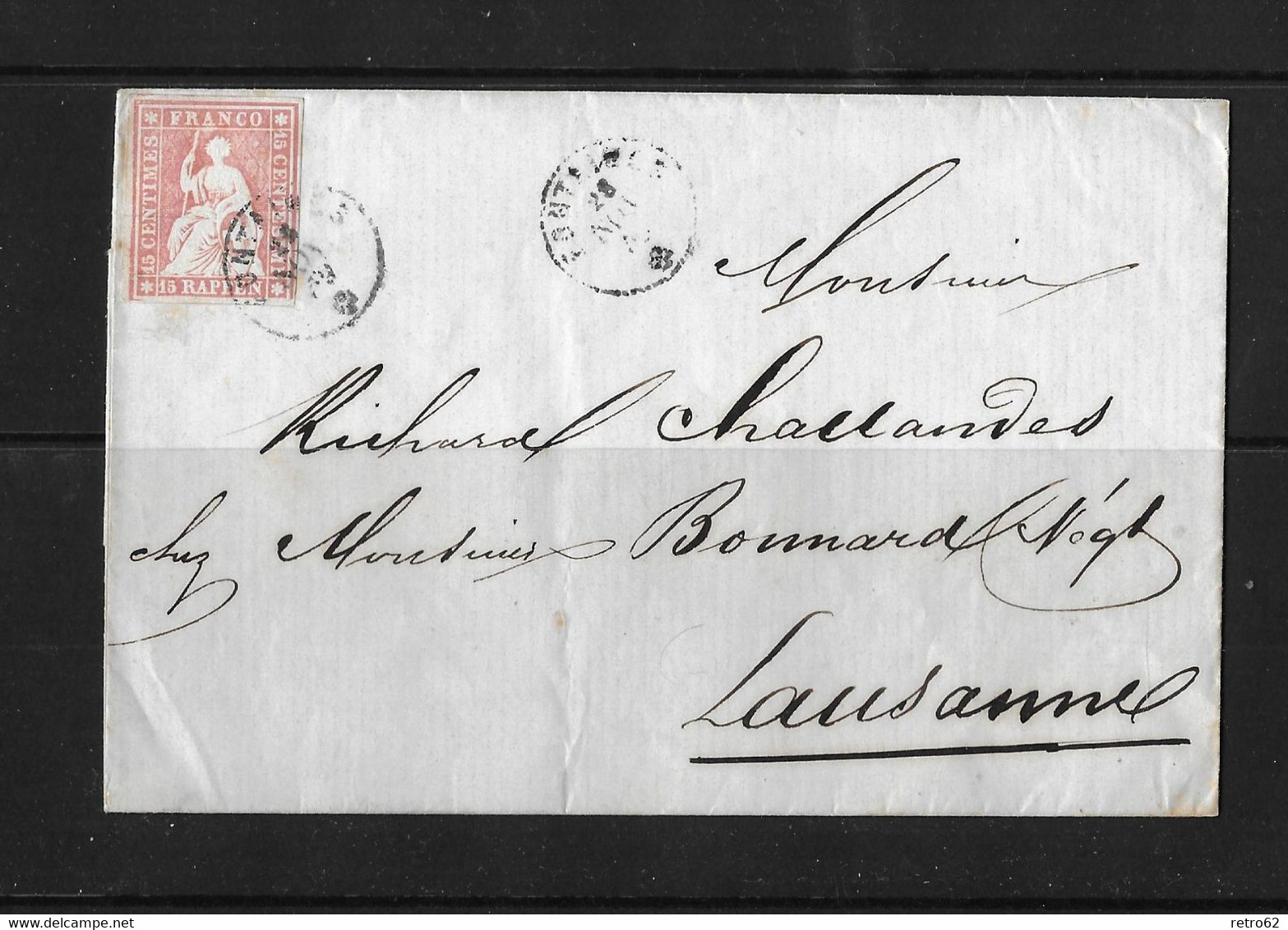 1854-1862 HELVETIA / STRUBEL (Ungezähnt) → Briefhülle Von FONTAINES Nach LAUSANNE     ►SBK-24B3.IV / Super Schnitt◄ - Storia Postale