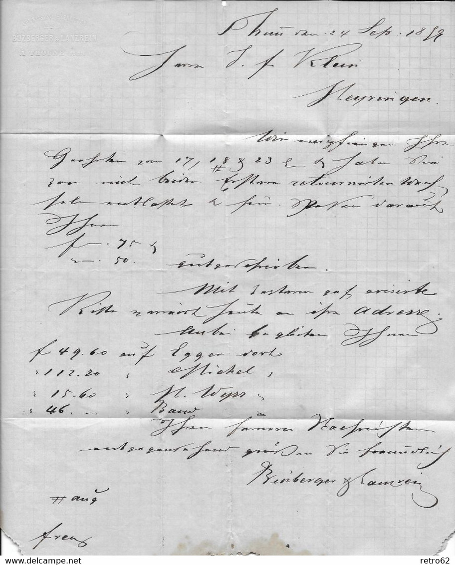 1854-1862 HELVETIA / STRUBEL (Ungezähnt) → Siegelbrief Von THUN Nach MEIRINGEN    ►SBK-24B3.IV / 3 Seiten Weissrandig◄ - Lettres & Documents