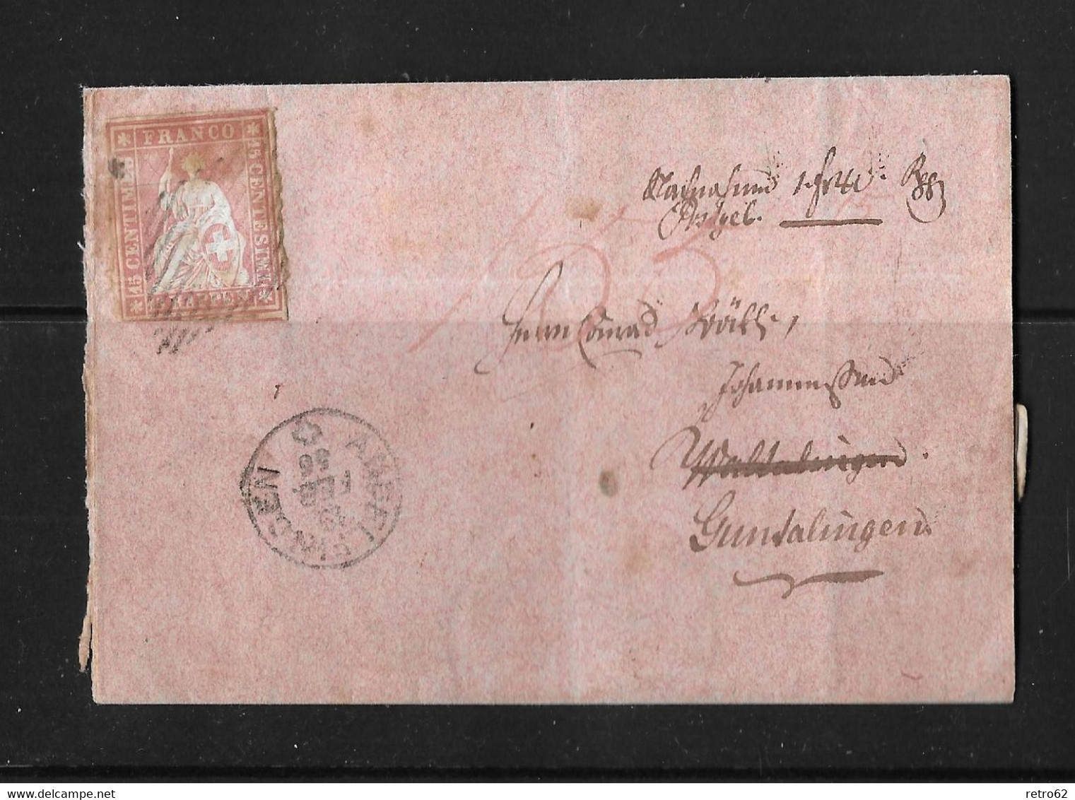 1854-1862 HELVETIA / STRUBEL (Ungezähnt) → Siegelbrief Von ANDELFINGEN Nach GUNTALINGEN     ►SBK-24B1◄ - Lettres & Documents