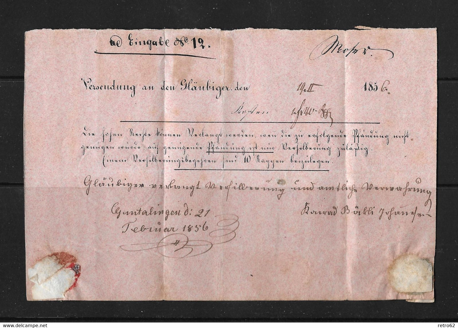 1854-1862 HELVETIA / STRUBEL (Ungezähnt) → Siegelbrief Von ANDELFINGEN Nach GUNTALINGEN     ►SBK-24B1◄ - Storia Postale