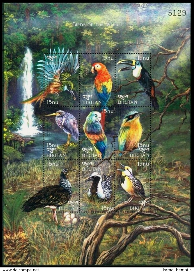 Bhutan 1999 MNH SS, Birds, Herons, Parrots, Toucans, Waterfall S - Coucous, Touracos