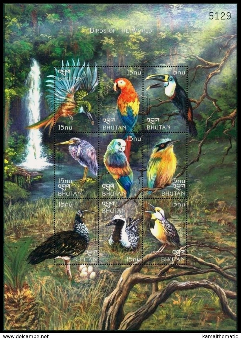 Bhutan 1999 MNH SS, Birds, Herons, Parrots, Toucans, Waterfall S - Cuckoos & Turacos