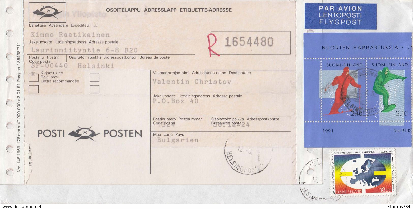 Finland - 044/1992 Letter Registred+priority From Helsinki To Sofia(Bulgaria) - Covers & Documents