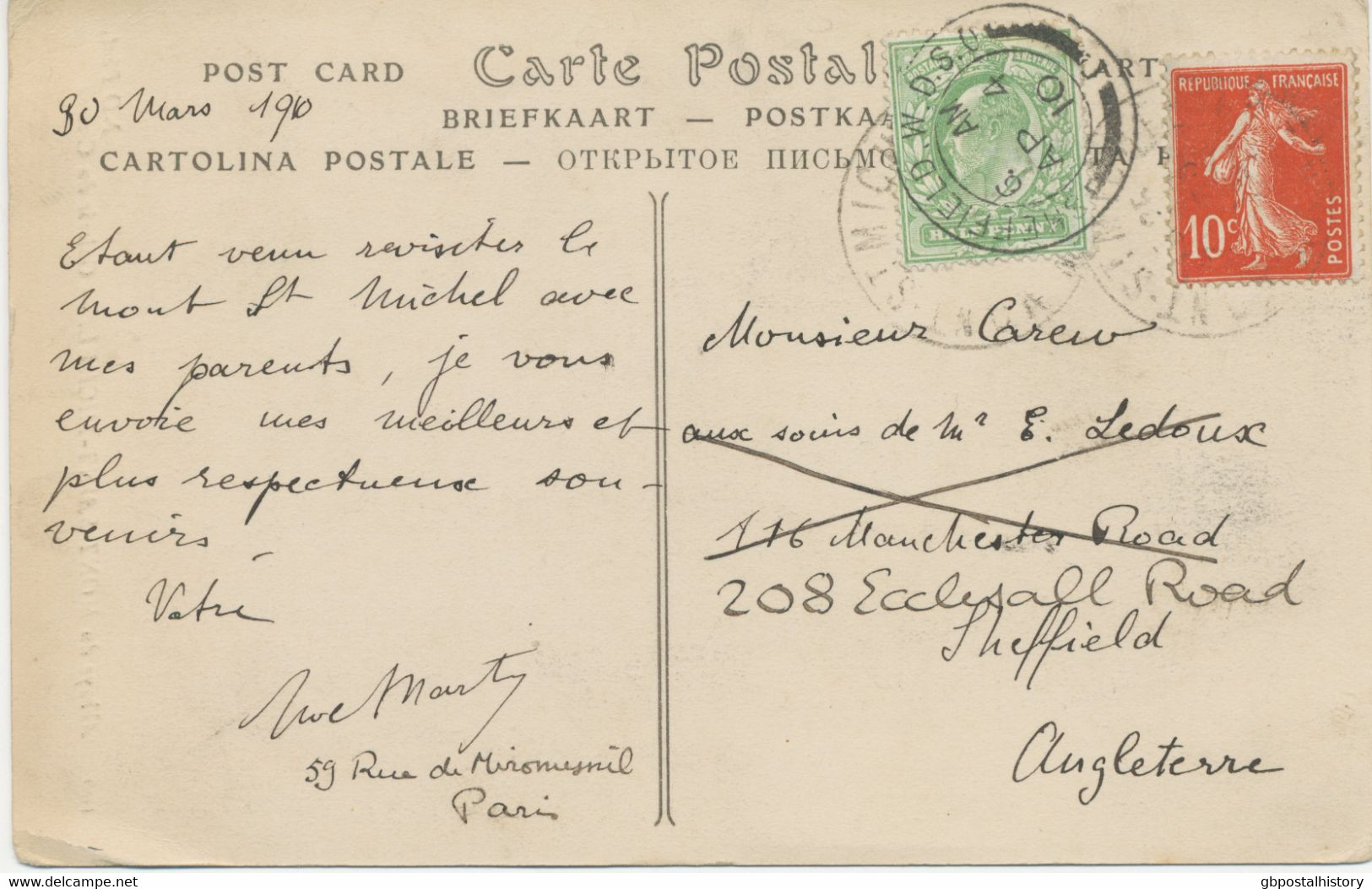 GB 1910 French Pc W 10C From Mont St. Michel REDIRECTED In SHEFFIELD, YORKSHIRE - Cartas & Documentos