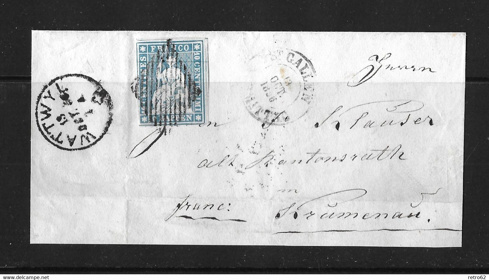 1854-1862 HELVETIA / STRUBEL (Ungezähnt) → Brieffragment Von WATTWYL Nach KRUMMENAU   ►SBK-23B1.I / Top Entwertung◄ - Storia Postale