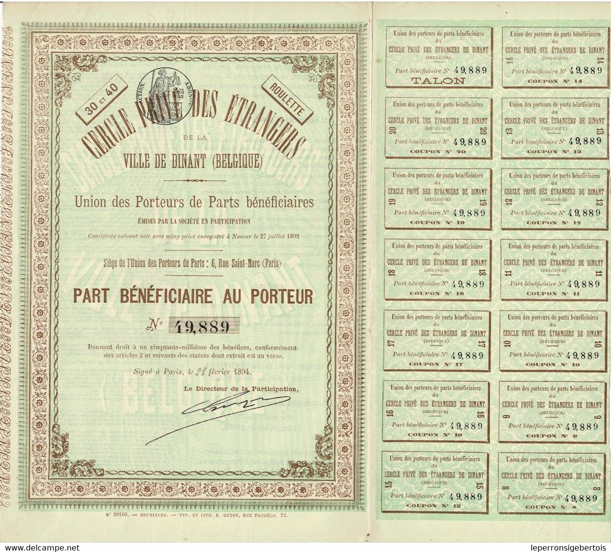 - Titre De 1894 - Cercle Privé Des Etrangers De La Ville De Dinant (Belgique) - N° 49889 - Casinos