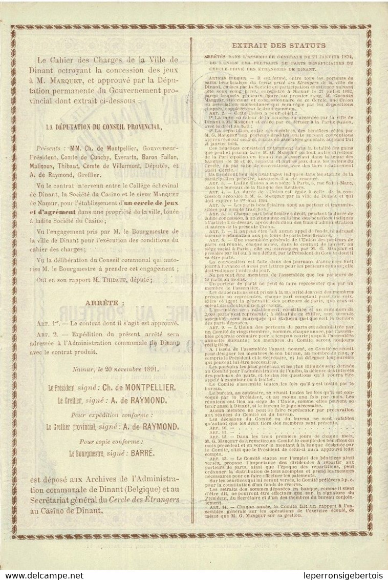 - Titre De 1894 - Cercle Privé Des Etrangers De La Ville De Dinant (Belgique) - N° 49889 - Casinos