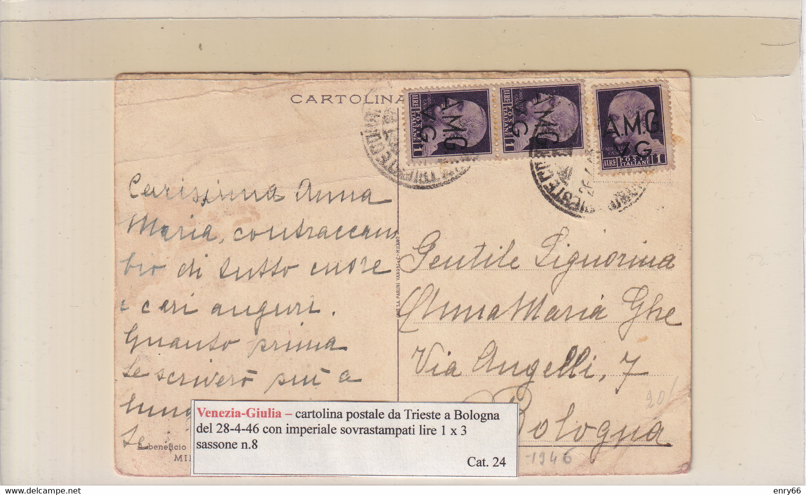 VENEZIA-GIULIA  CARTOLINA POSTALE  DA TRIESTE PER BOLOGNA DEL 28-4-46 CON IMP. LIRE 1 X 3 - Marcophilie