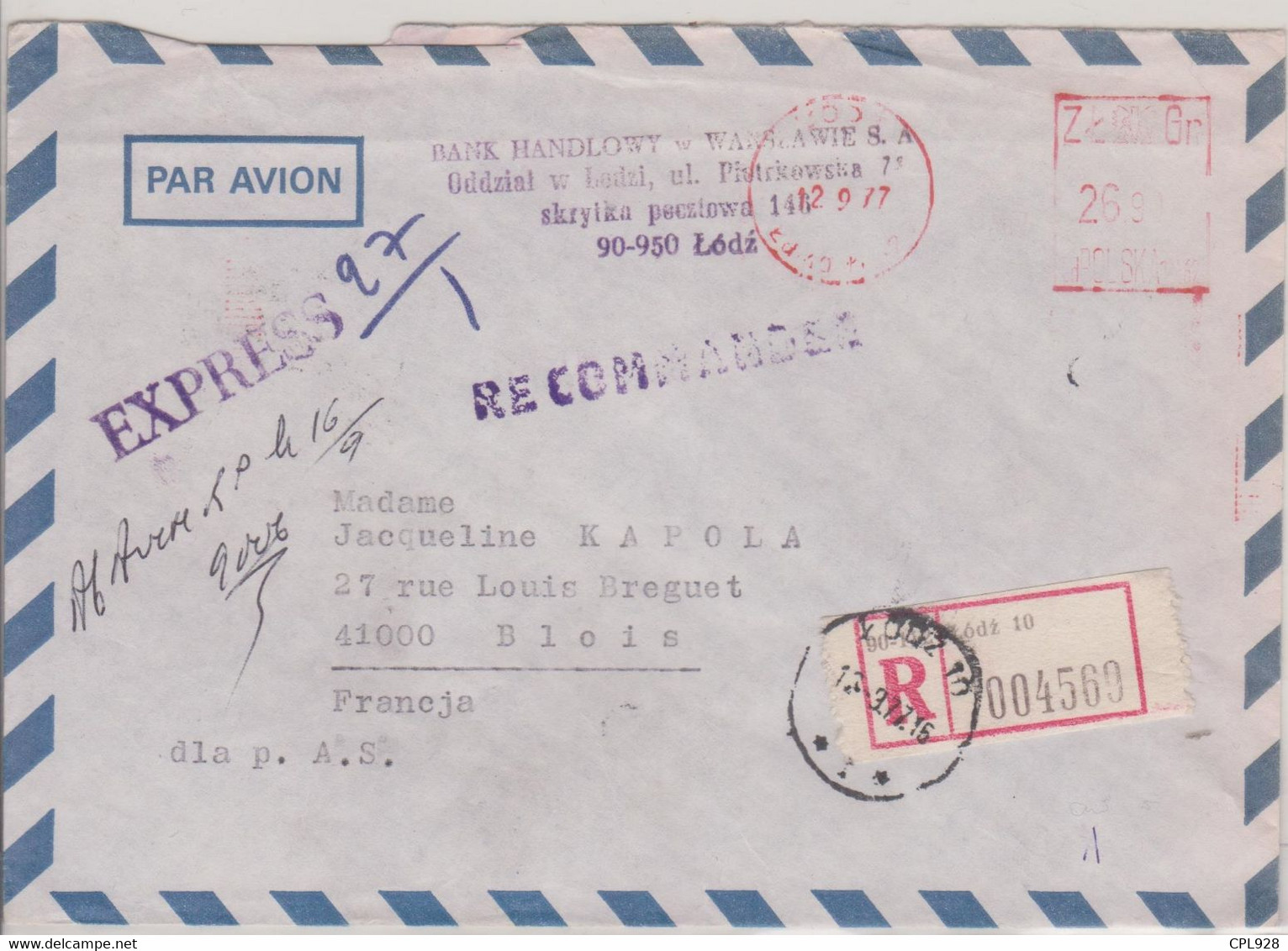 EMA Meter Stamp Lodz, Pologne Express Recommandée 12 Septembre 1977 Pour Blois, Transit Par Varsovie - Maschinenstempel (EMA)