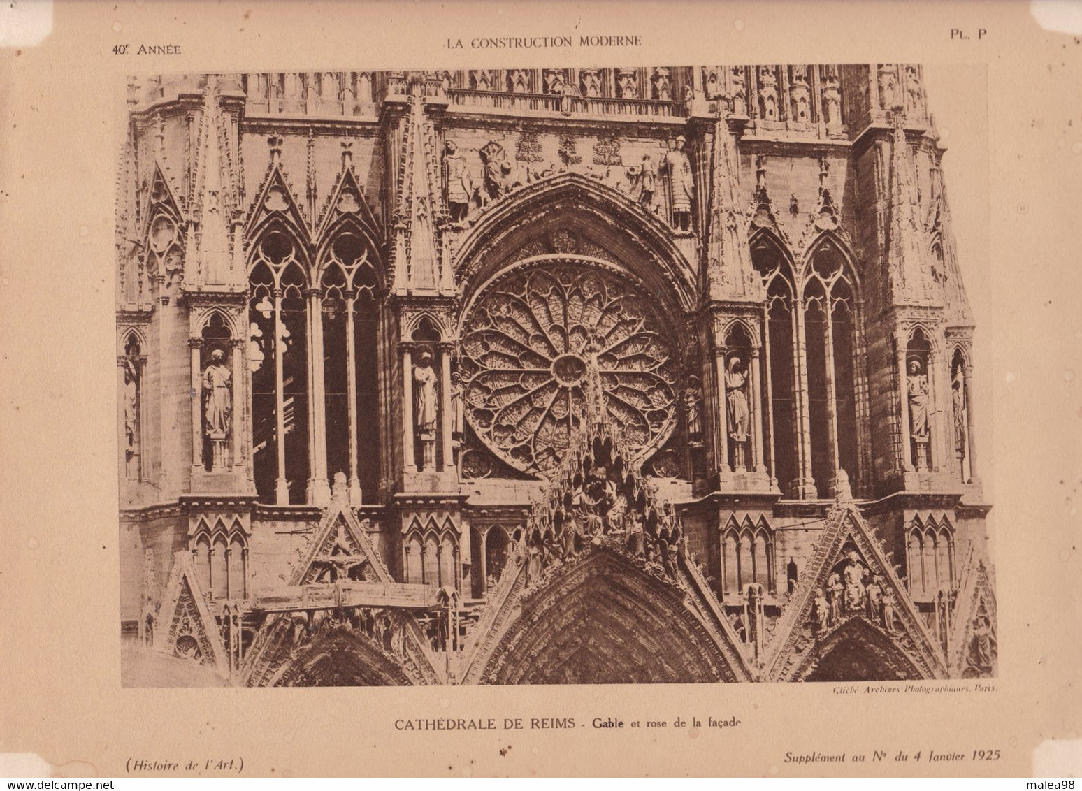 ART,,, CATHEDRALE DE REIMS ,,, GABLE ET ROSE DE LA FACADE ,,,supplement De L'art  1925 - Magazines & Catalogues