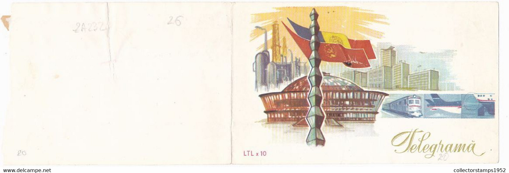 W7957- ROMANIAN SITES, EXHIBITION HALL, MONUMENT, TRAIN, PLANE, SHIP, TELEGRAMME, 1969, ROMANIA - Télégraphes