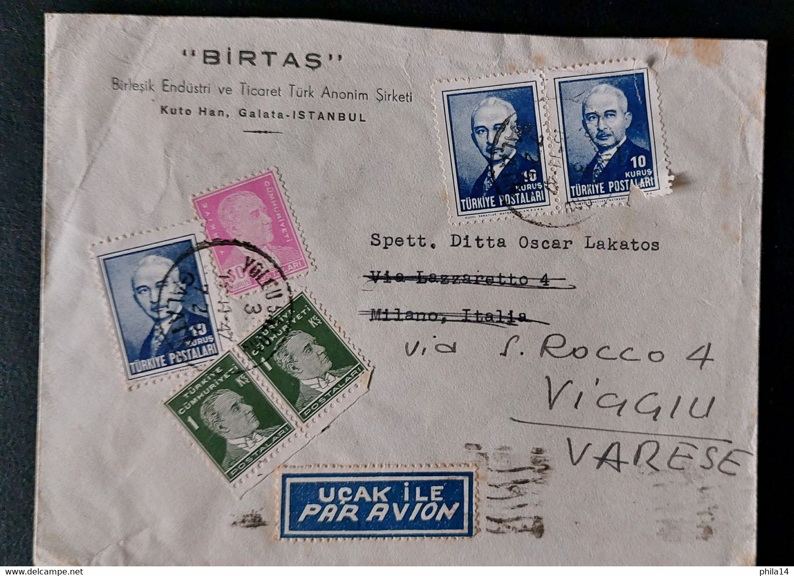 ENVELOPPE TURQUIE GALATA ISTAMBUL 1947 POUR VIGGIU ITALIE / BIRTAS - Storia Postale