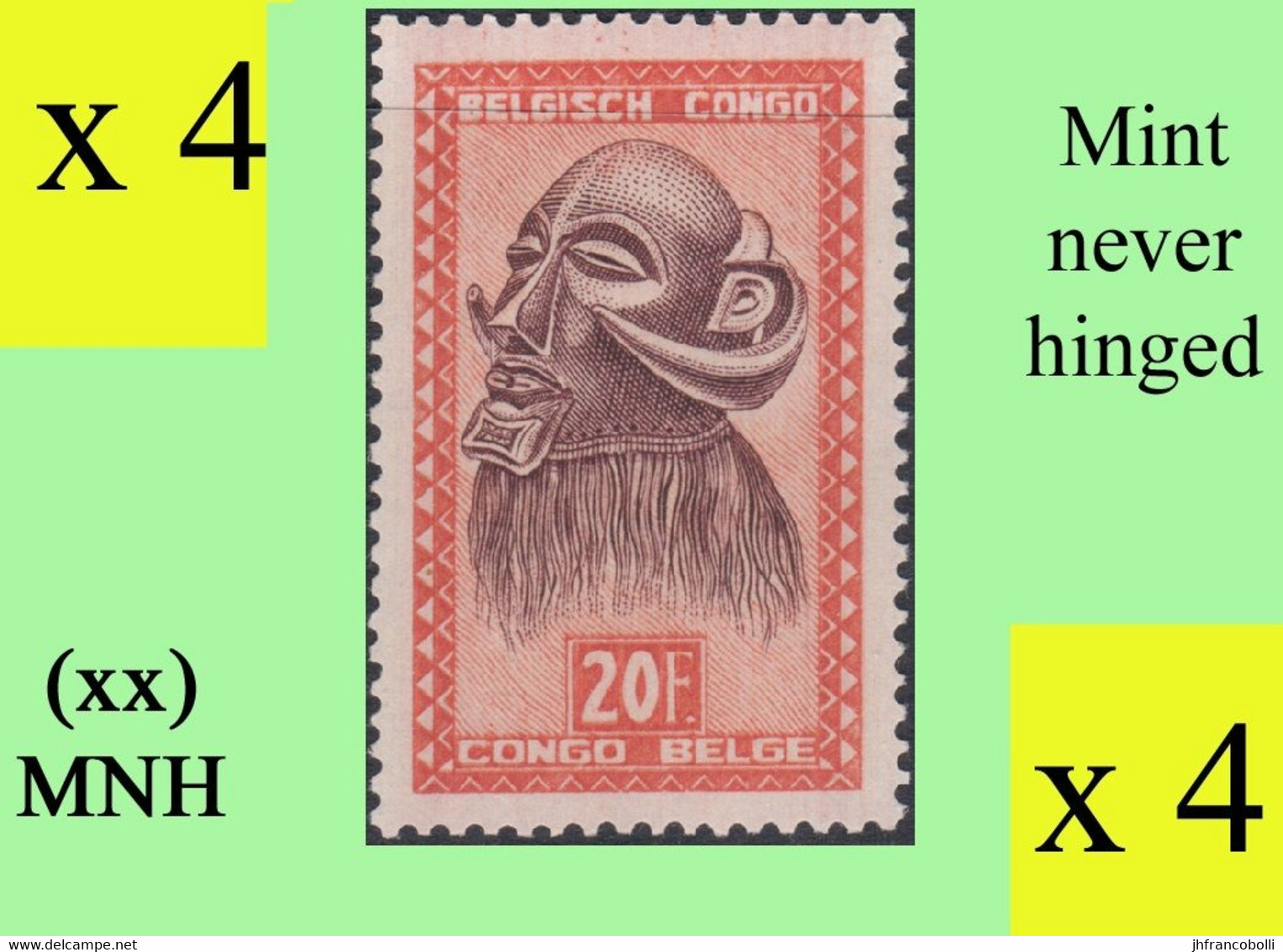 1947 ** BELGIAN CONGO / CONGO BELGE = COB 293 MNH MASKS & CARVINGS : BLOCK OF -4- STAMPS WITH ORIGINAL GUM - Blocks & Kleinbögen