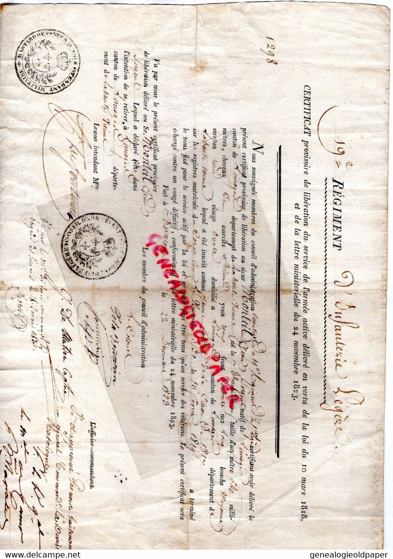 87-LIMOGES -RARE PARCHEMIN CERTIFICAT LIBERATION ARMEE 19 REGIMENT INFANTERIE LEGERE-JEAN MONTEIL-1823- - Documentos Históricos