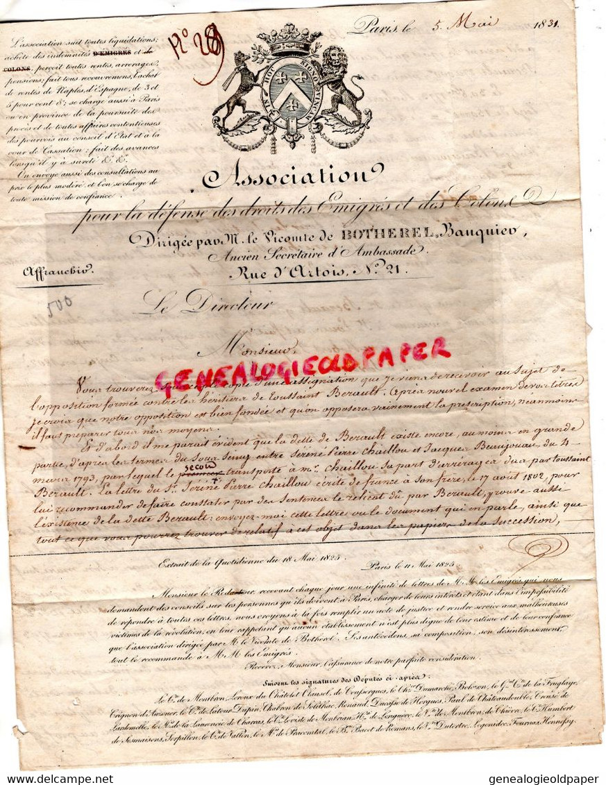 PARIS-CHOLET LETTRE 1831-ASSOCIATION DEFENSE DROITS EMIGRES COLONS VICOMTE DE BOTHEREL BANQUIER 21 RUE ARTOIS-CHAILLOU - Documentos Históricos