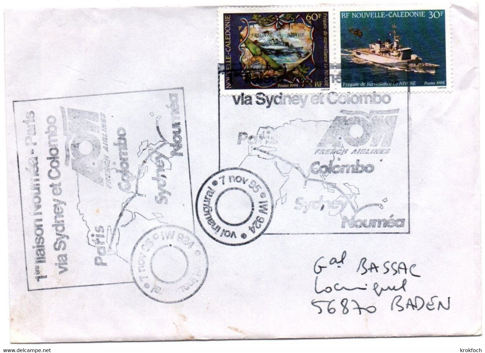 1er Vol Nouméa Paris Via Sydney Colombo 1995 - AOM Air Outre-Mer Calédonie Australia Sri Lanka - Covers & Documents