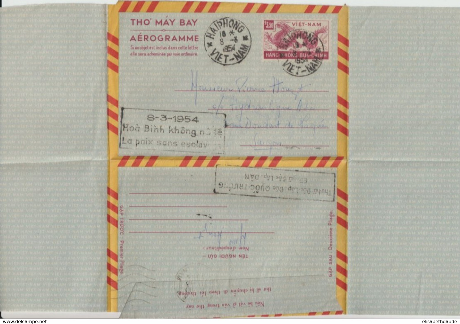 1954 - VIET-NAM - CACHET De PROPAGANDE "LA PAIX SANS ESCLAVAGE" Sur LETTRE AEROGRAMME ! De HAÏPHONG => SAÏGON - Vietnam