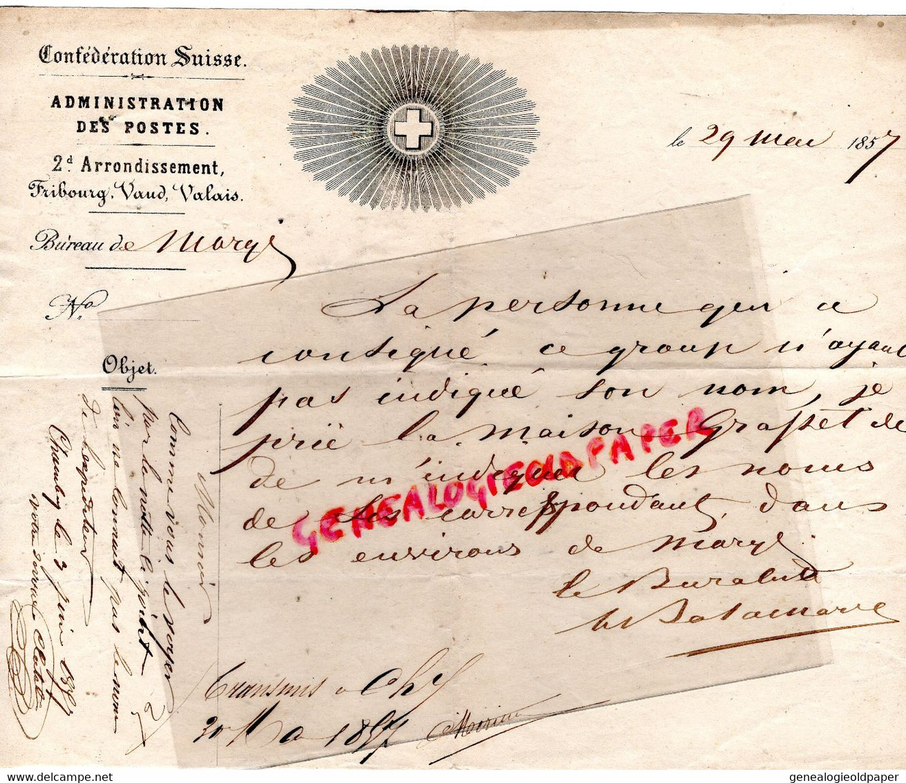 SUISSE- RARE LETTRE ADIMISTRATION DES POSTES-POSTE-FRIBOURG VAUD VALAIS-29 MAI 1857 - Documents Historiques