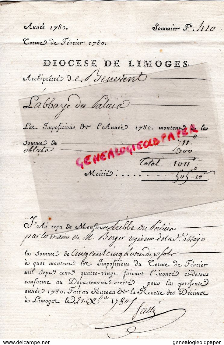 87-LIMOGES- RARE LETTRE PARCHEMIN IMPOSITION 1780 DIOCESE A ARCHIPRETRE BENEVENT ABBAYE-  M. BERGER REGISSEUR CREUSE - Documentos Históricos