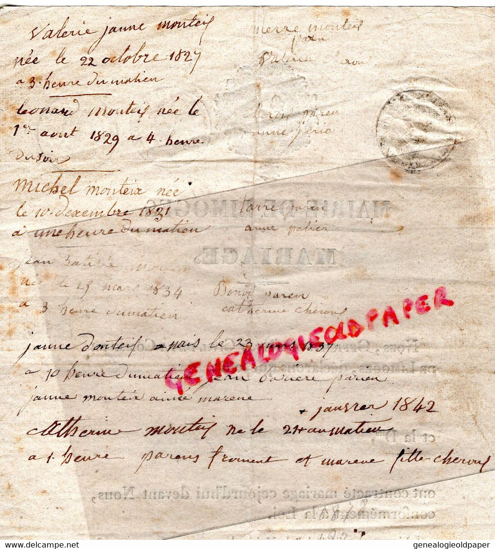 87-LIMOGES- RARE LETTRE 1826 PARCHEMIN -MAIRIE-MARIAGE JEAN MONTEIL ET CATHERINE CHEYROUX-BOURDEAU JULLIAC -DESVERGNES - Documentos Históricos