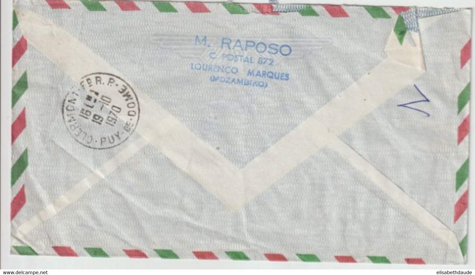 1970 - MOZAMBIQUE COLONIE PORTUGAISE - ENVELOPPE RECOMMANDEE De LOURENCO MARQUES => CLERMONT-FERRAND - Mosambik