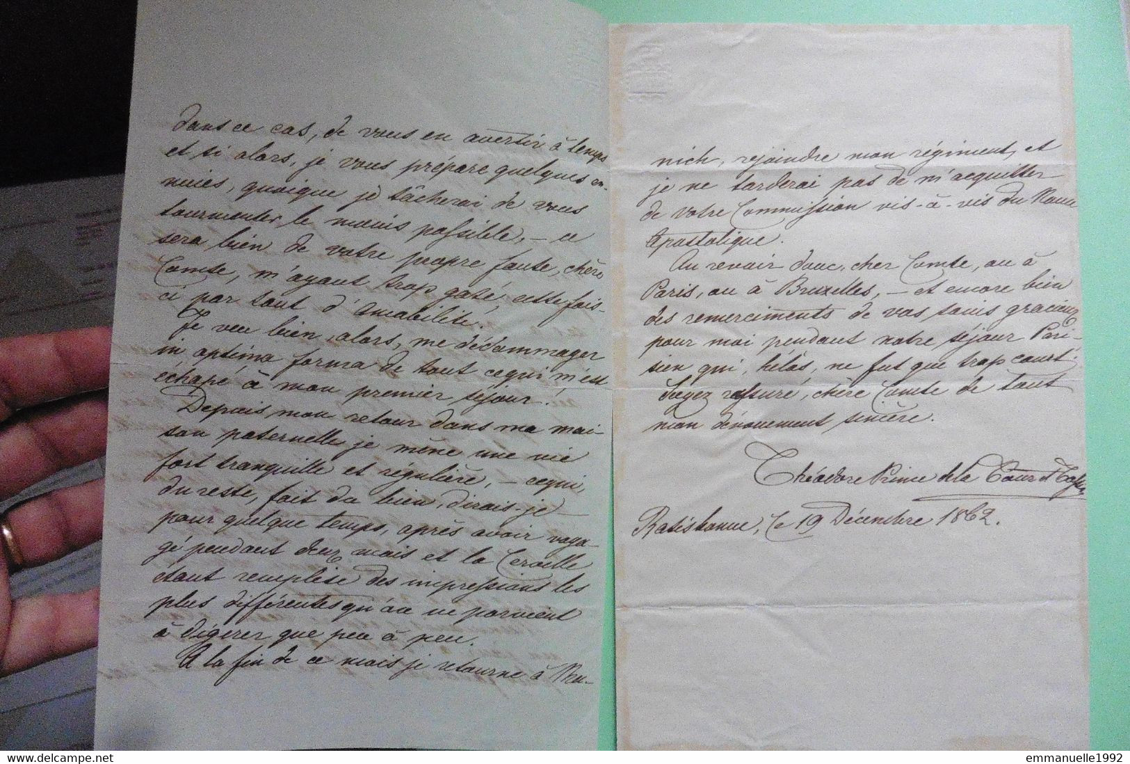 Lettre Autographe 3 Pages 1862 Prinz Theodore Von Thurn Und Taxis Prince Tours Et Taxis Oncle Paul Ami Louis II Bavière - Familias Reales