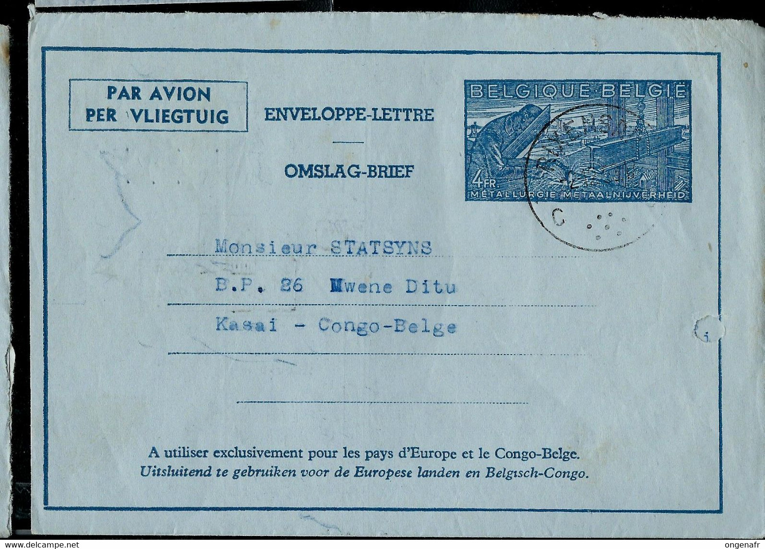 Aéro N° 3.V. .I.FN.  Papier Verge Vertical   Obl.  RIXENSART - C C - 02/12/53 Pour Luluaburg (Congo) - Luchtpostbladen