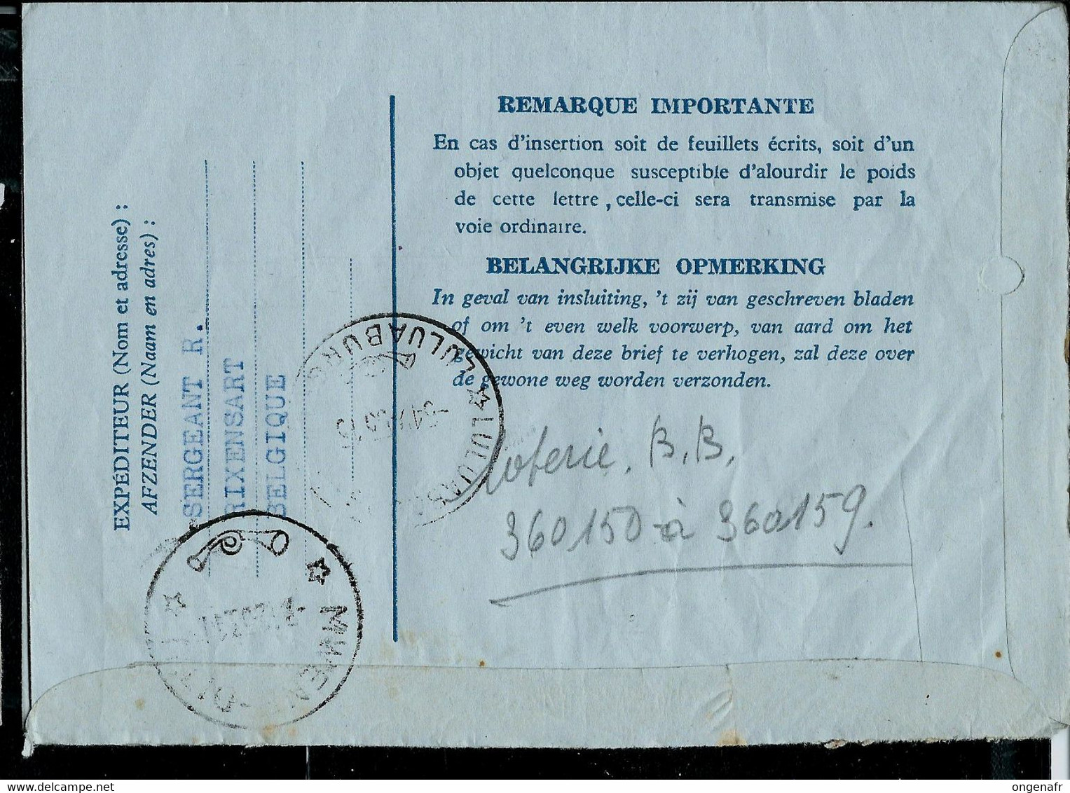 Aéro N° 3.V. .I.FN.  Papier Verge Vertical   Obl.  RIXENSART - C C - 02/12/53 Pour Luluaburg (Congo) - Aérogrammes