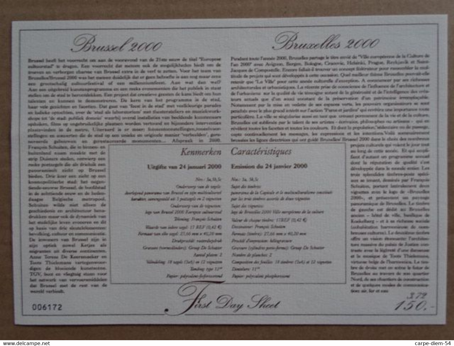 Belgique - First Day Sheet + Feuillet Neuf Non Oblitéré - Bruxelles Ville Européenne De La Culture - 01/2000 - Luxuskleinbögen [LX]