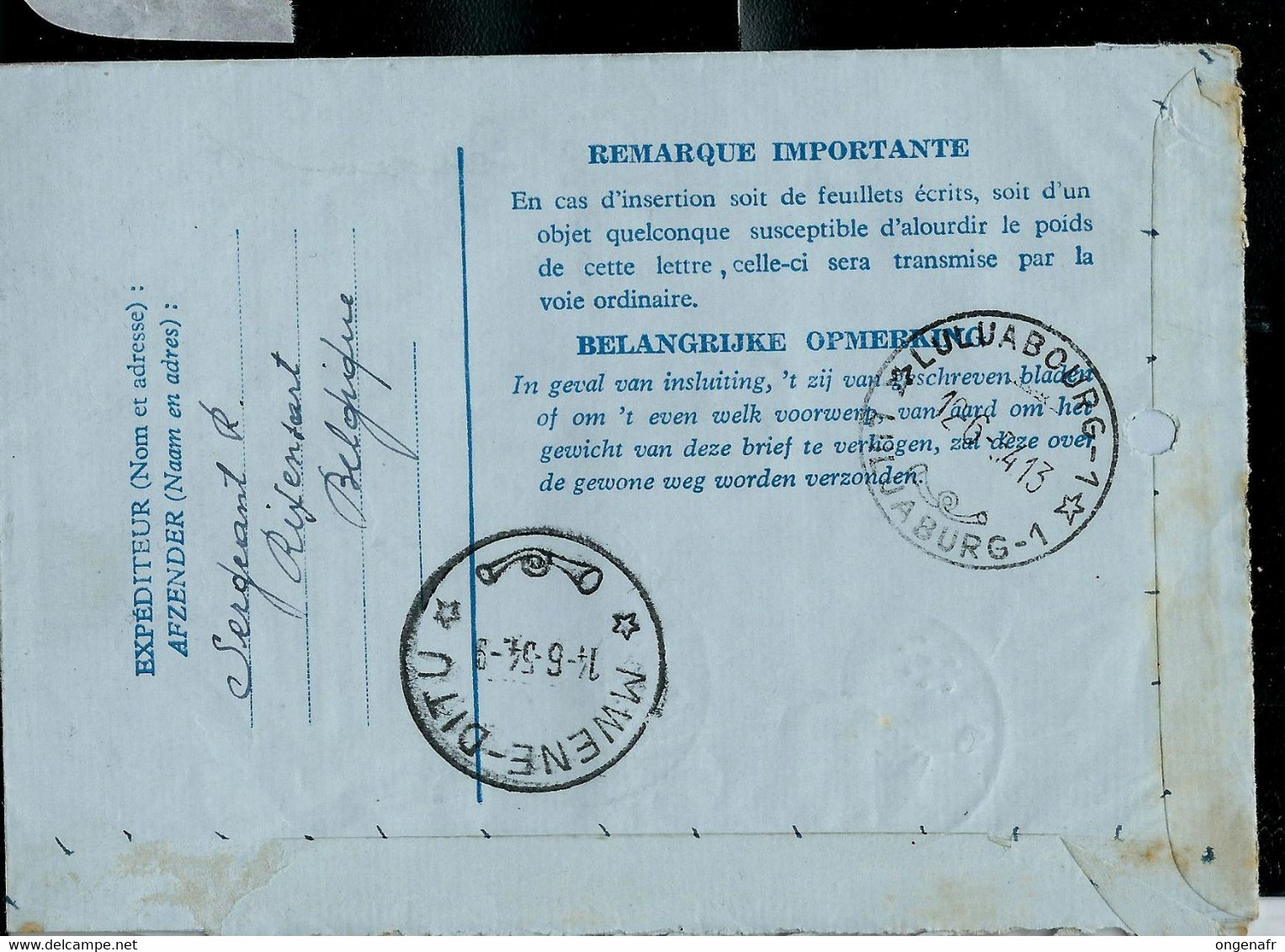 Aéro N° 4.H.I.FN.  Obl.  RIXENSART - C C - 09/06/54 Pour Mwene - Ditu 14/06/54 - Aerogramas