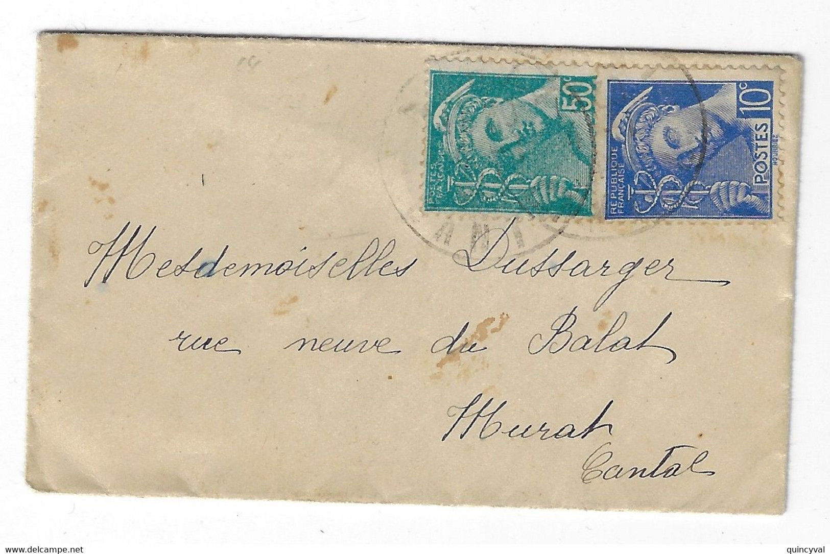 Enveloppe Carte De Visite Mignonnette Mercure 50c Turquoise 10c Bleu Yv 538 407 - Lettres & Documents